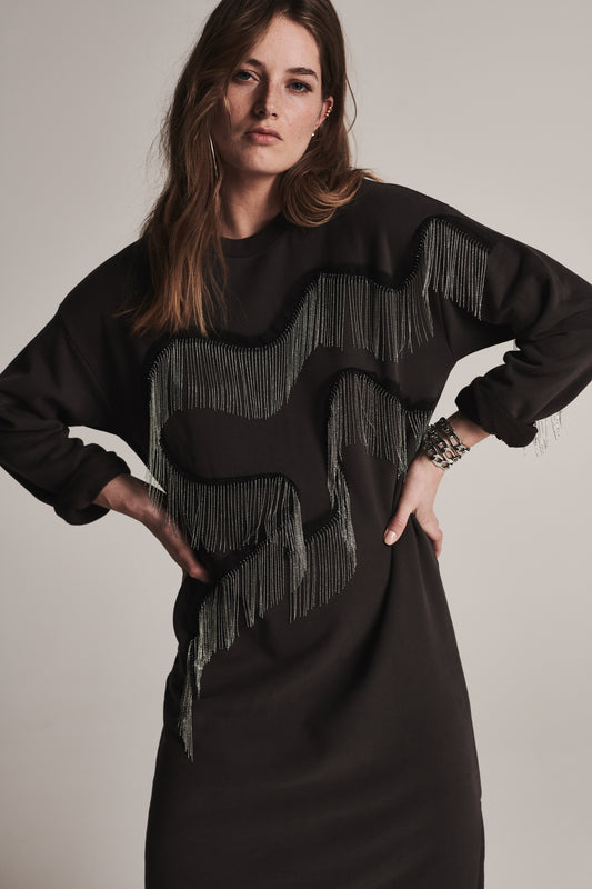 Chilly Fringe Chain Sweater Dress | Washed Black
